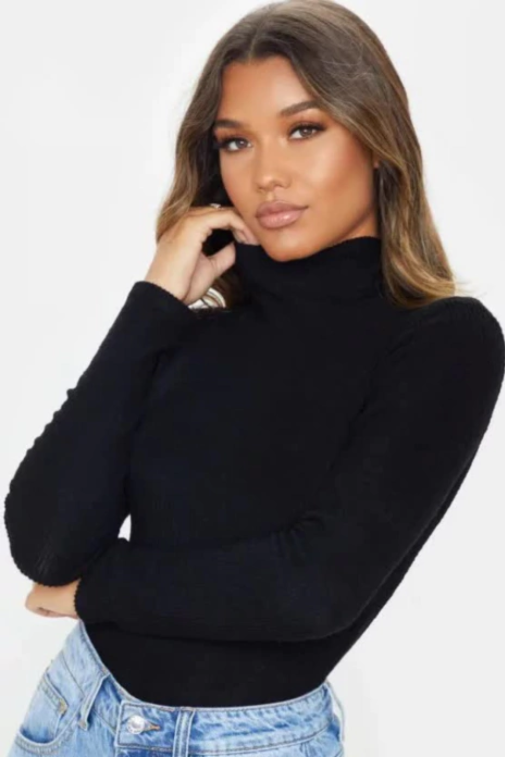 Body Feminino Canelado Manga Longa Gola Alta