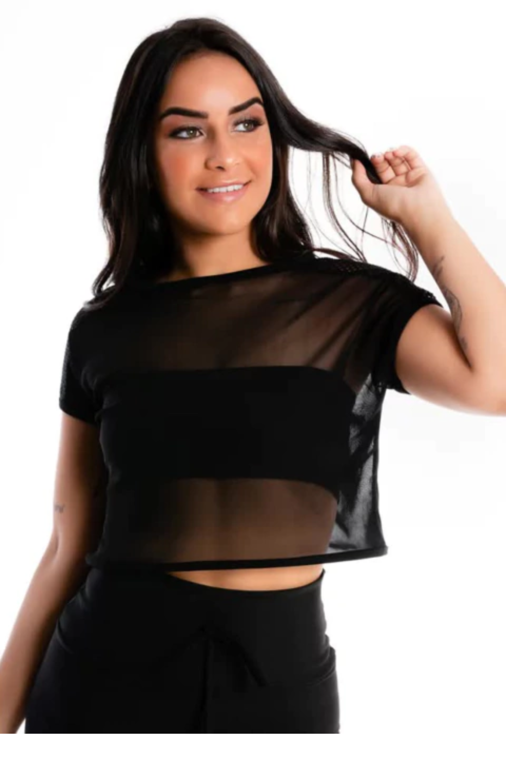 Blusa Cropped Preta Transparente Tomara que Caia Com Cropped Preto
