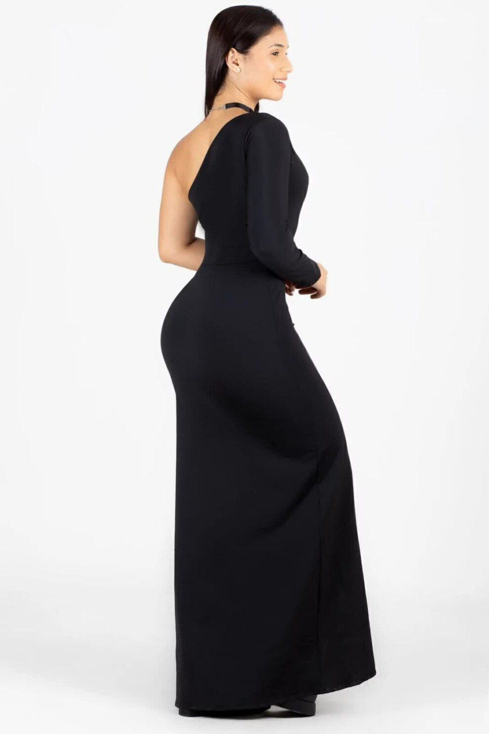 Vestido Tubinho com Fenda Uma Manga Preto Longo - Image 4