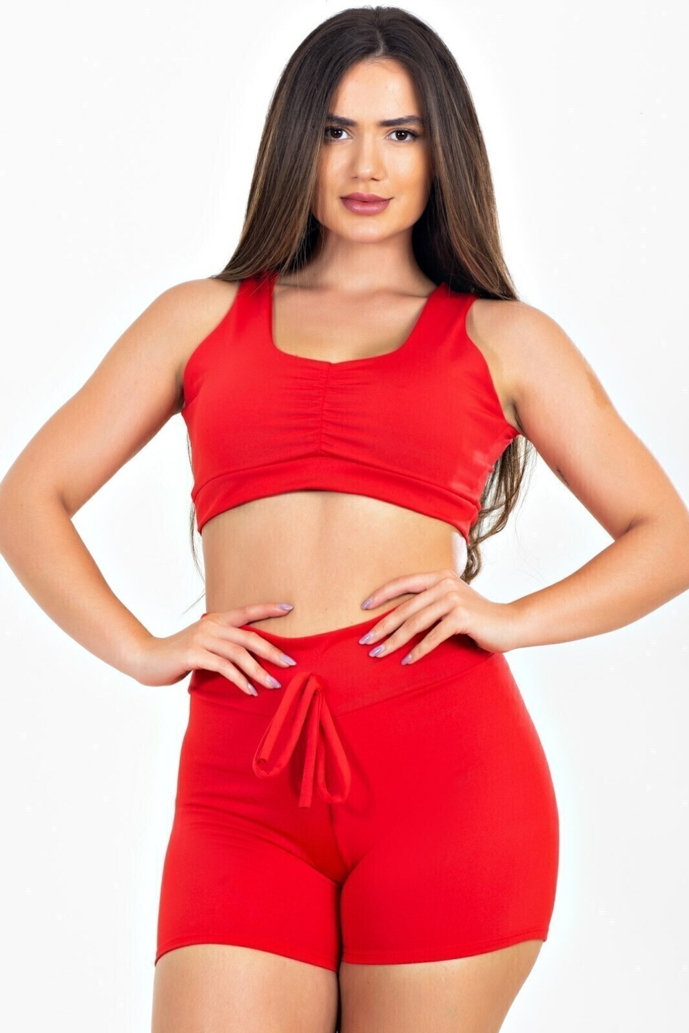 Conjunto Cropped Nadador e Short Liso Rose Com Cadarço