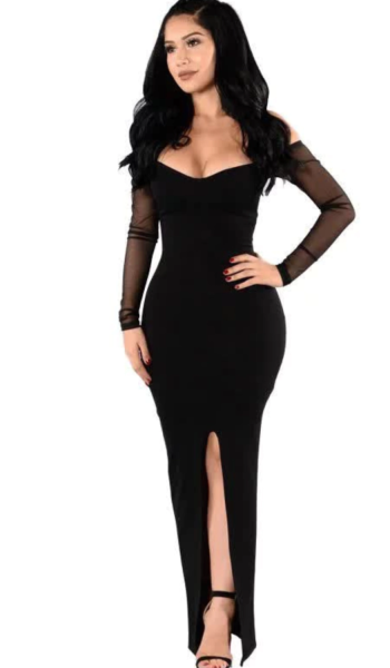 Vestido Fenda Manga Longa Tule Social Festa Longo