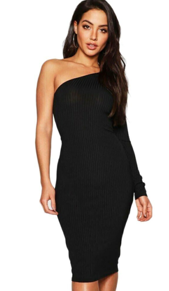 Vestido Canelado Um só ombro e manga Midi