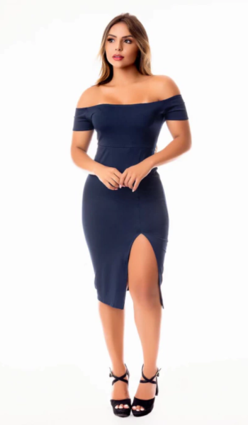 Vestido Tubinho Midi Social com Fenda Social ou Dia a Dia Ombro a Ombro