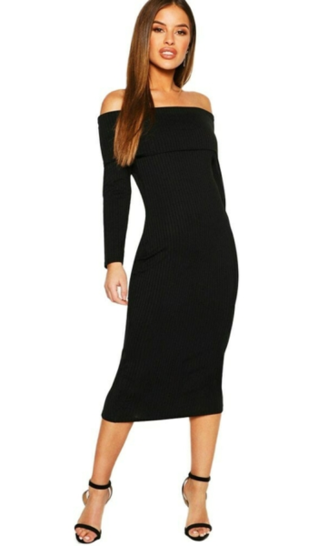 Vestido Canelado Ombro a Ombro e Manga Longa