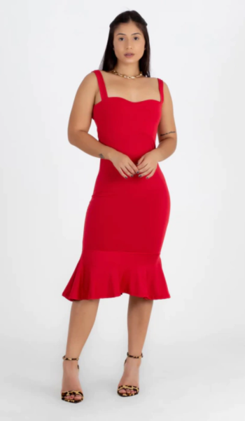 Vestido Alcinha com Babado Vermelho Midi