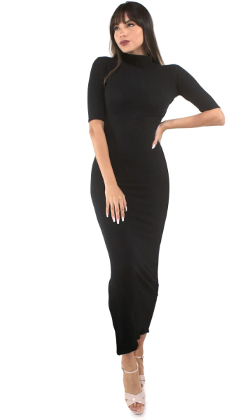 Vestido Com Gola e Manga 3/4 e Fenda Longo