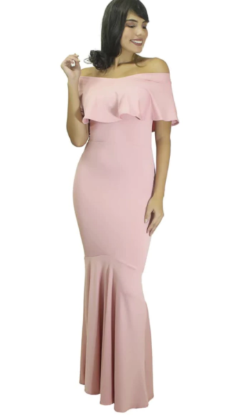 Vestido Longo Ombro a Ombro com Babado Elegante e Rabo de Sereia Festa