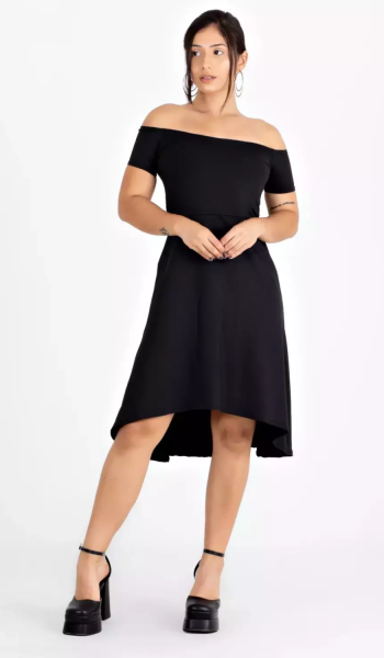 Vestido Feminino Midi Ombro a Ombro Godê Preto