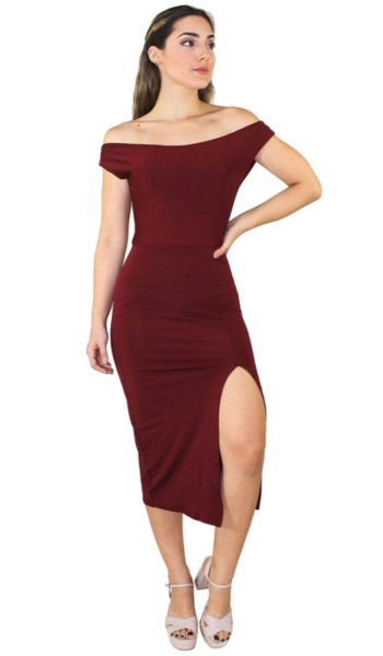 Vestido Ombro a Ombro com Fenda Feminino