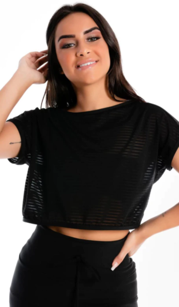Blusinha Cropped Preto Tomara que Caia Transparente Com Cropped