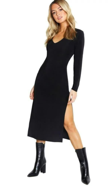 Vestido Manga Longa com Fenda Lateral Midi