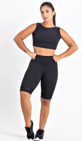 Bermuda e Cropped Preto Conjunto Fitness Feminino