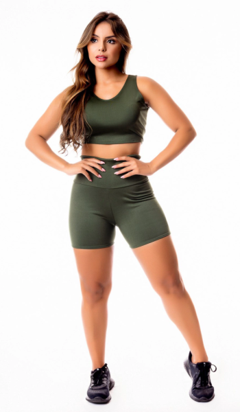 Conjunto Fitness Short Cintura Alta e Cropped Regata Verde Militar Academia