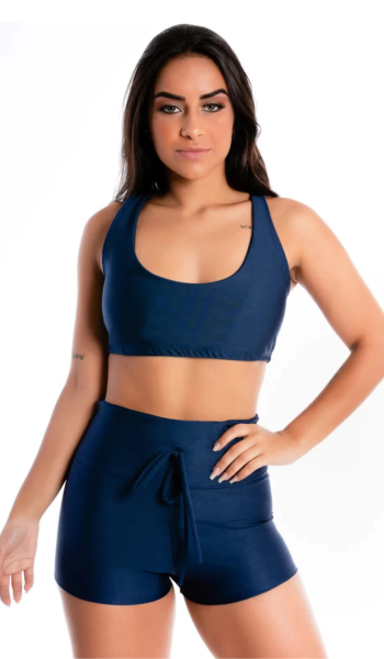 Cropped Liso e Short Liso Azul Marinho Conjunto