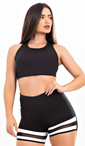 Short e Cropped Preto com Branco e Tela Conjunto